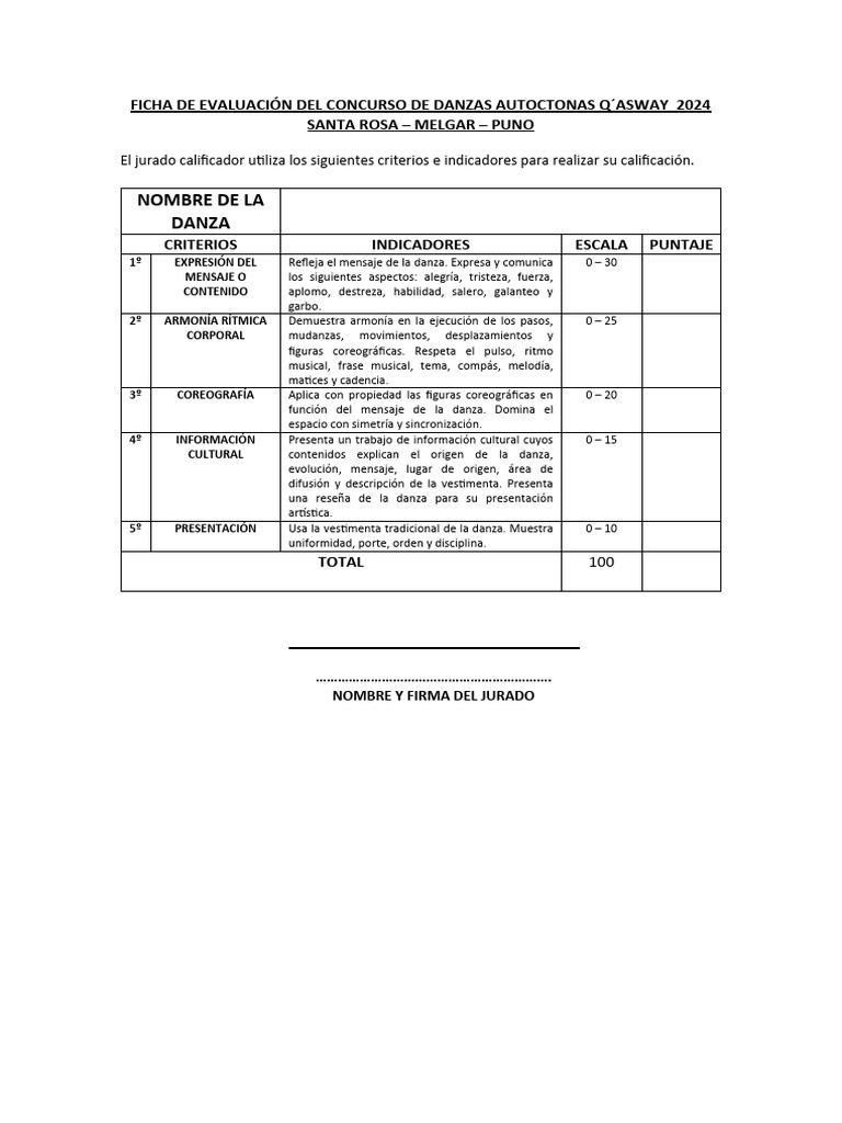 Ficha de Evaluación Del Concurso de Danzas Autoctonas Q | PDF