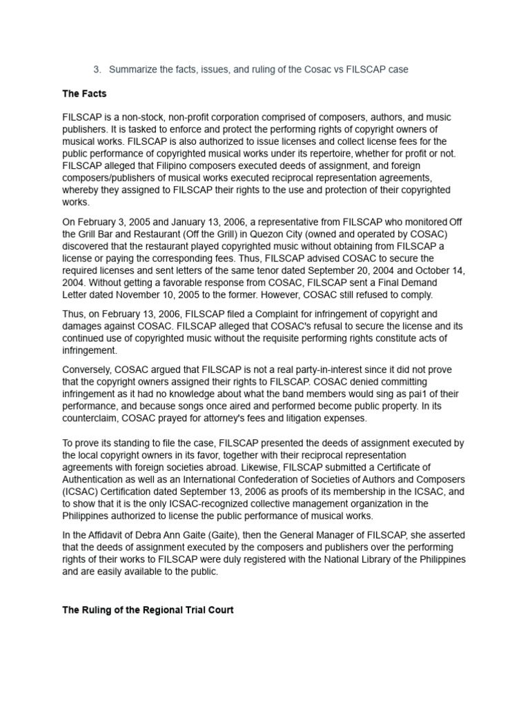 Cosac vs FILSCAP: Copyright Infringement Case | PDF | Copyright | Lawsuit