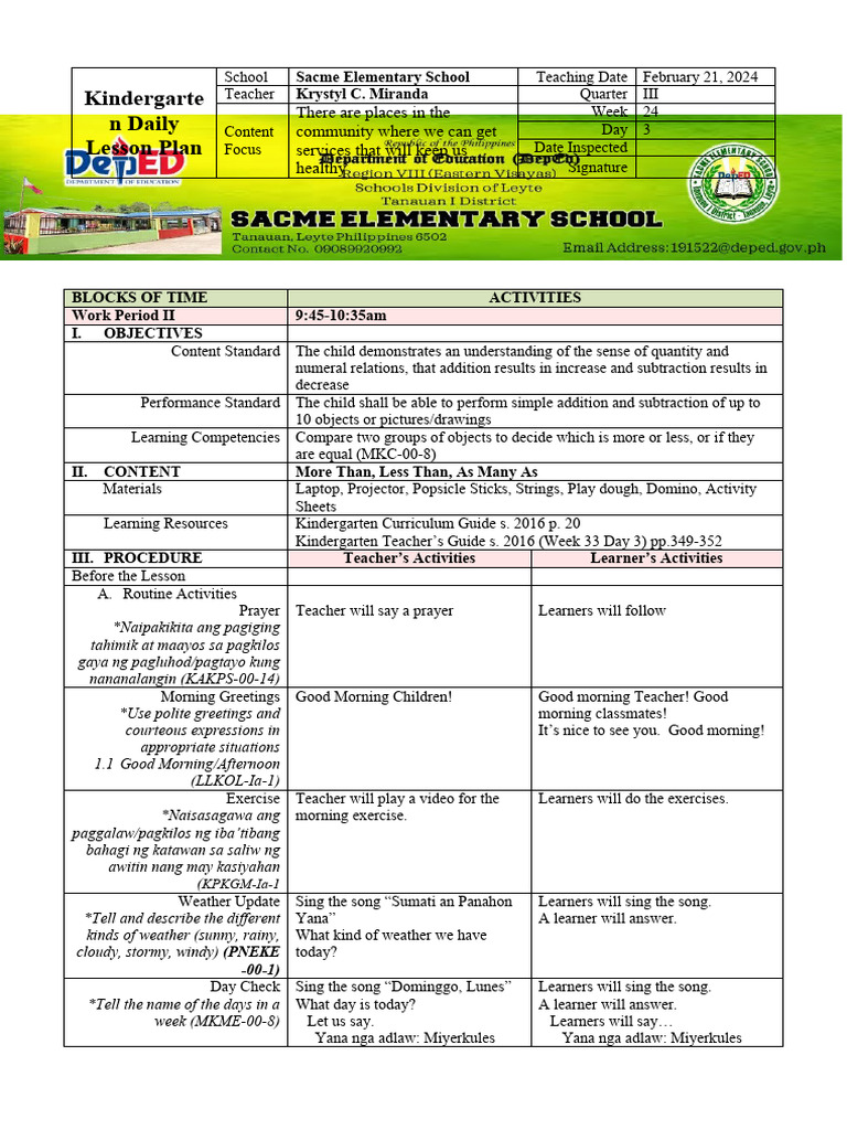 Kindergarten Daily Lesson Plan: More & Less | PDF | Learning | Teachers