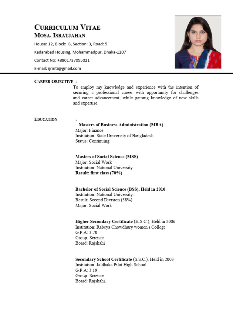 Sample CV | PDF | Master Of Business Administration