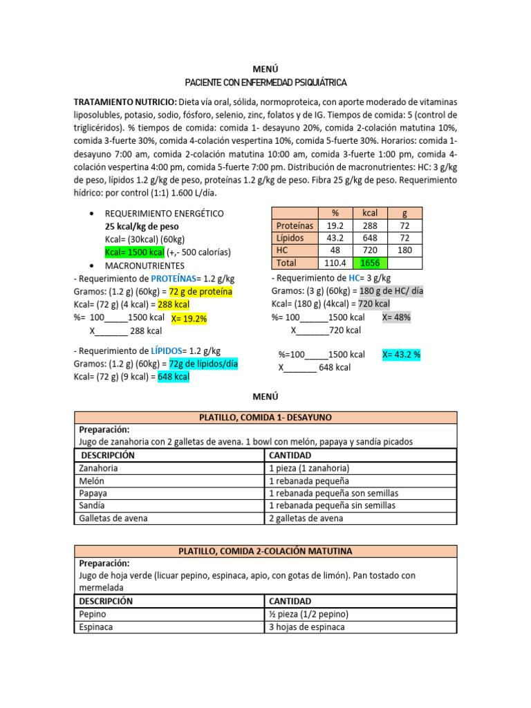 Menú Nutricional para Paciente Psiquiátrico | PDF