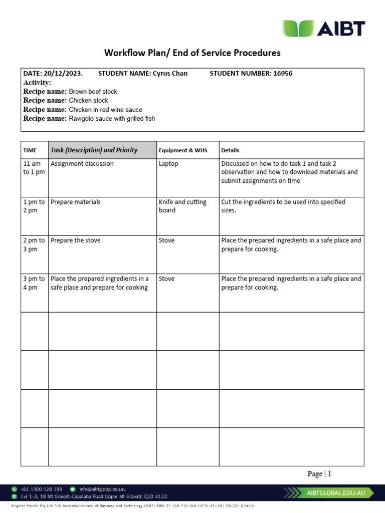 AIBT - Workflow Plan - ccc029 | PDF | Dishwasher | Cooking