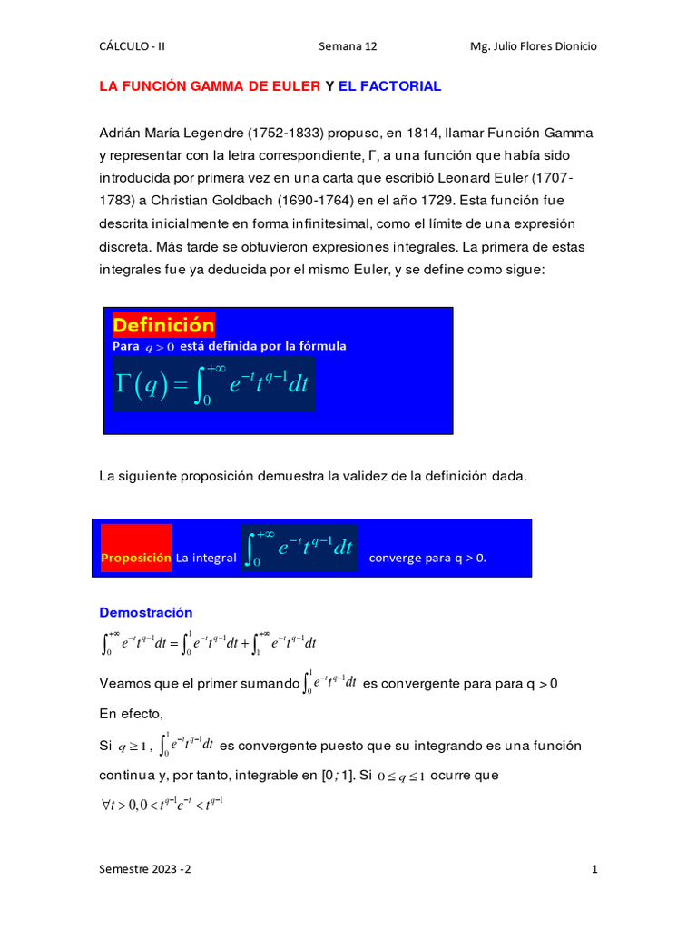 Semana 15 Función Gamma Función Beta Pdf Integral Conceptos