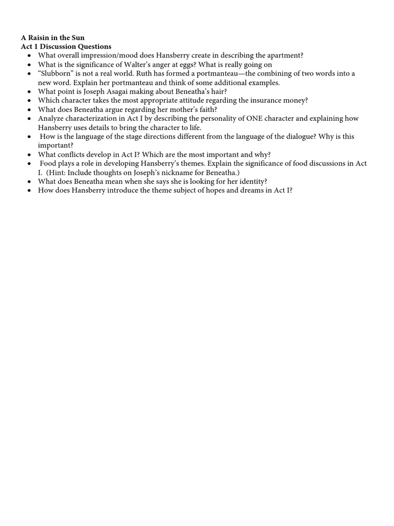 A Raisin in The Sun (Discussion Question) Act 1 PDF
