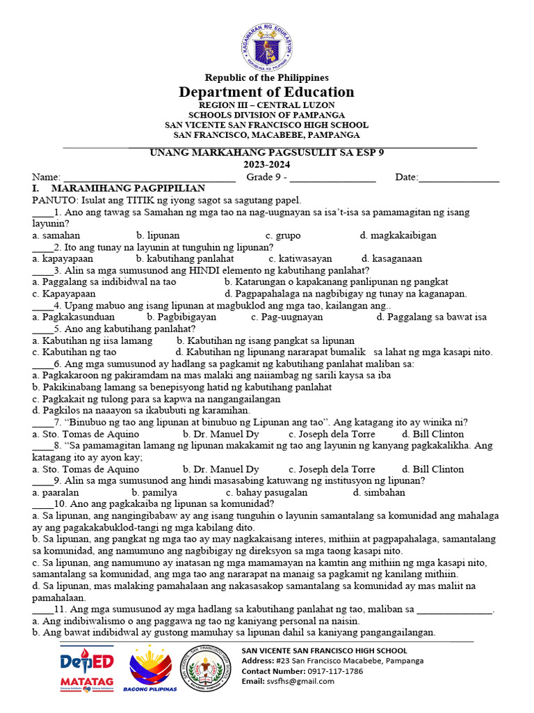 ESP 9 Q1 Periodical Exam | PDF