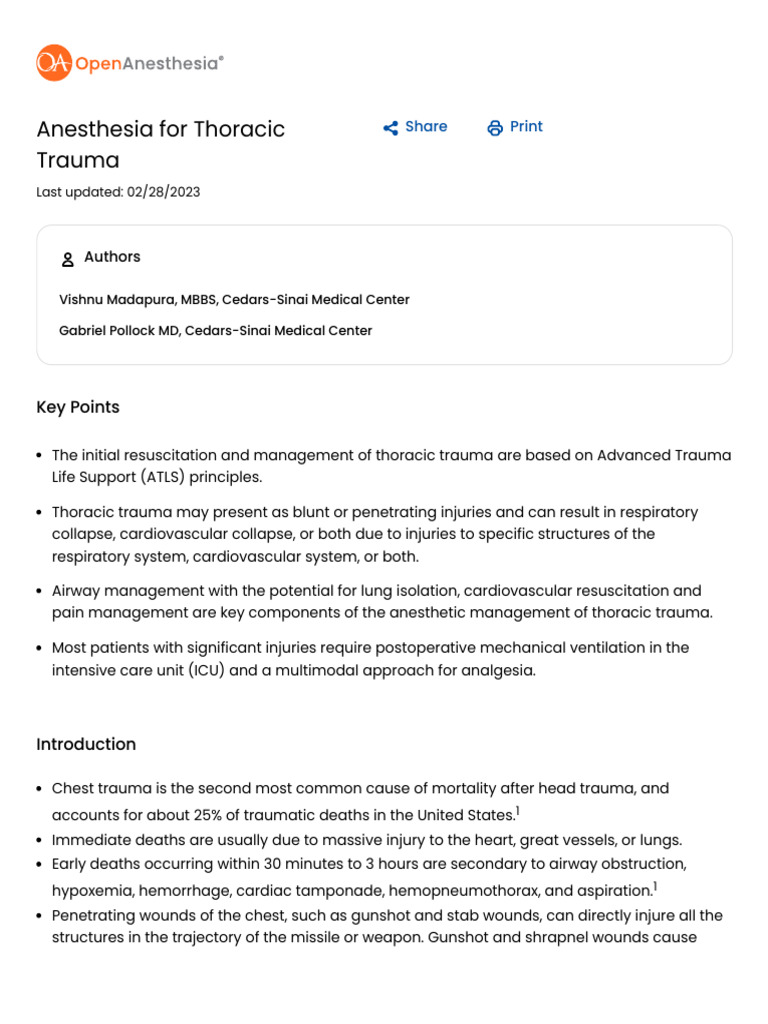 Anesthesia Management for Thoracic Trauma | PDF | Injury | Thorax