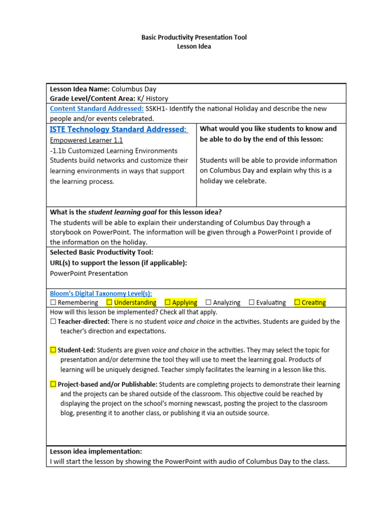 Columbus Day Lesson Plan for K-Grade | PDF | Learning | Microsoft Power ...