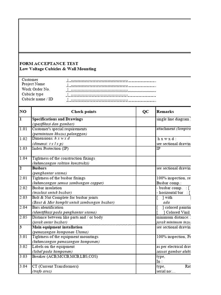 Low Voltage Cubicle Acceptance Test | PDF | Technology & Engineering