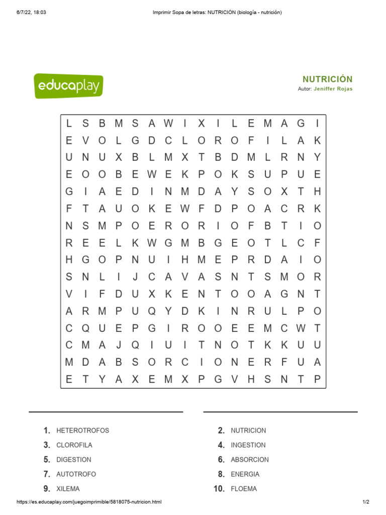 Imprimir Sopa de letras_ NUTRICIÓN (biología - nutrición) | PDF