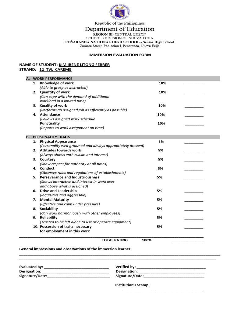 Senior High School Immersion Evaluation Form | PDF | Learning | Cognition