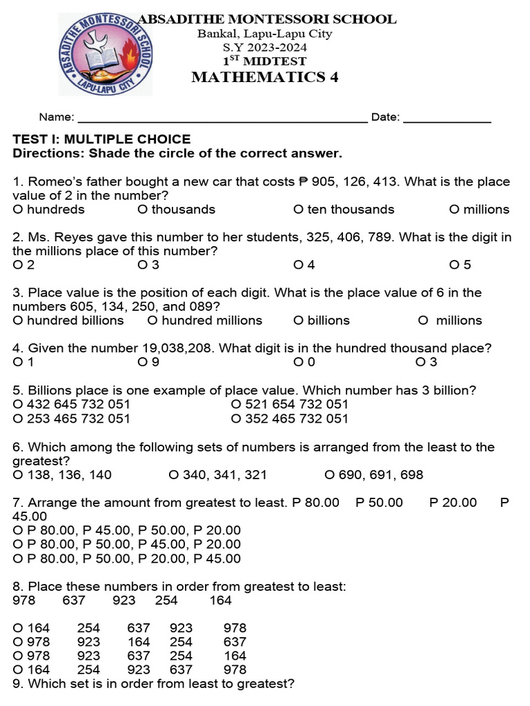 Mathematics 4 Midtest 2023-2024 | PDF | Science | Signal Processing