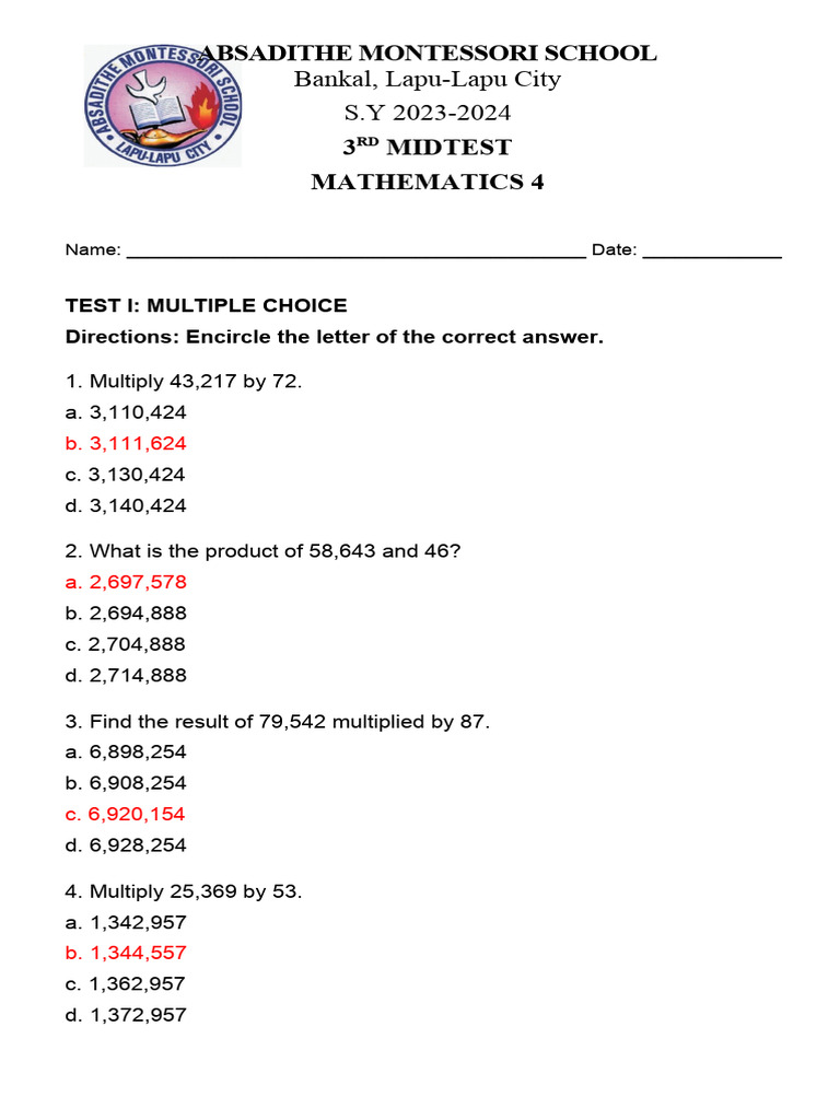 MATHEMATICS 4_3D MIDTEST | PDF | Multiplication | Paper