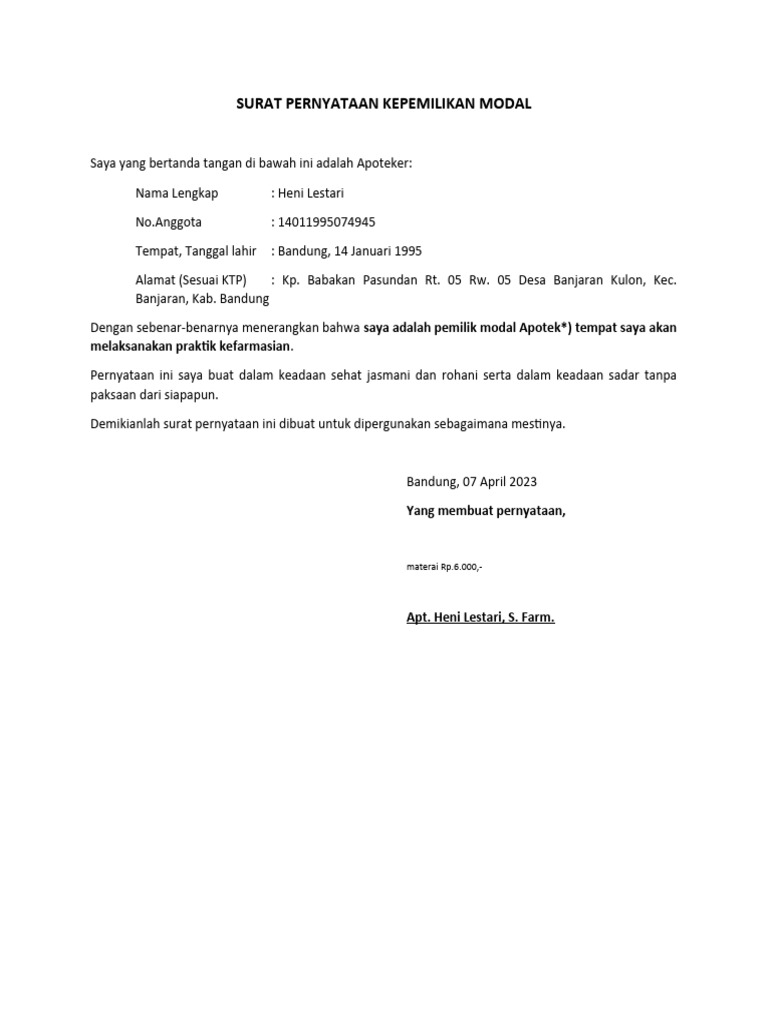 Surat Pernyataan Kepemilikan Modal Apotek | PDF
