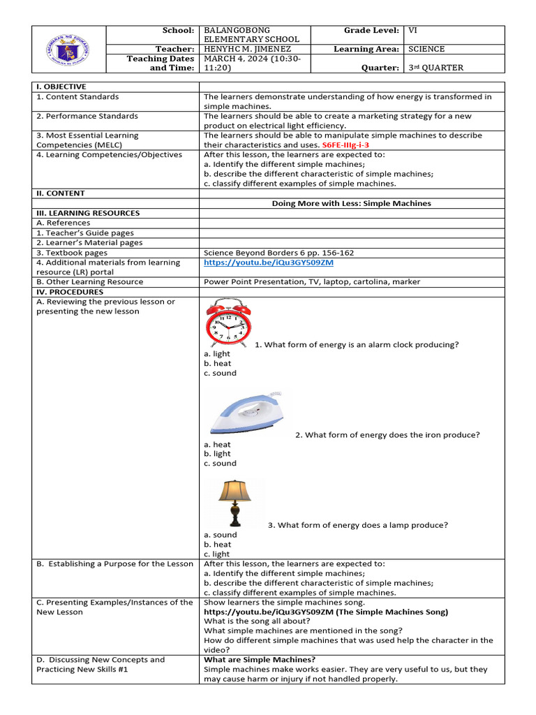 Simple Machines Lesson Plan for Grade VI | PDF