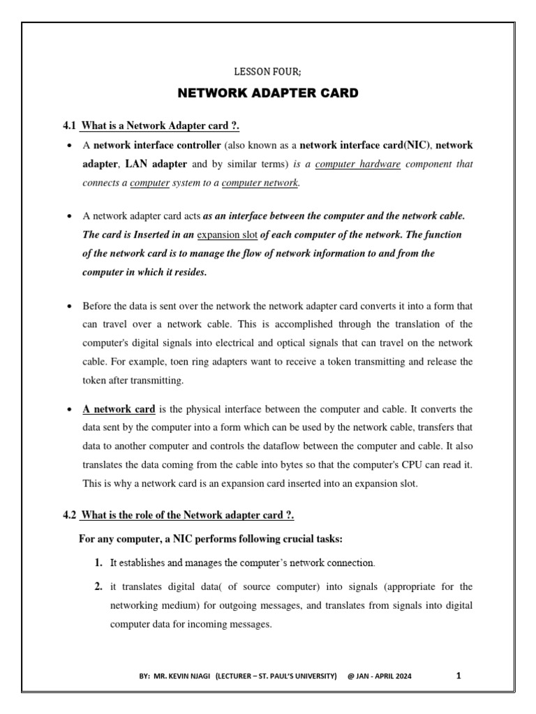 LESSON 4 NETWORK ADAPTOR CARD and NETWORK STANDARDS | PDF | Network ...
