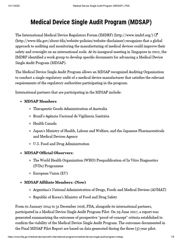 Medical Device Single Audit Program (MDSAP) FDA PDF