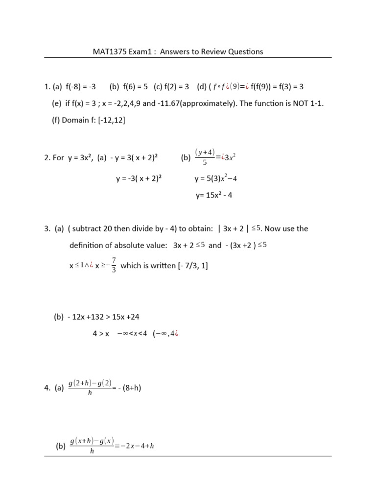 MAT1375 Exam 1 Review Answers | PDF
