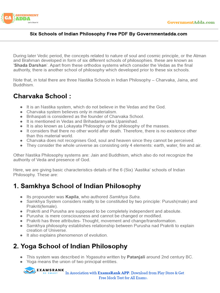 Six Schools Of Indian Philosophy Free Pdf By Governmentadda Com Pdf