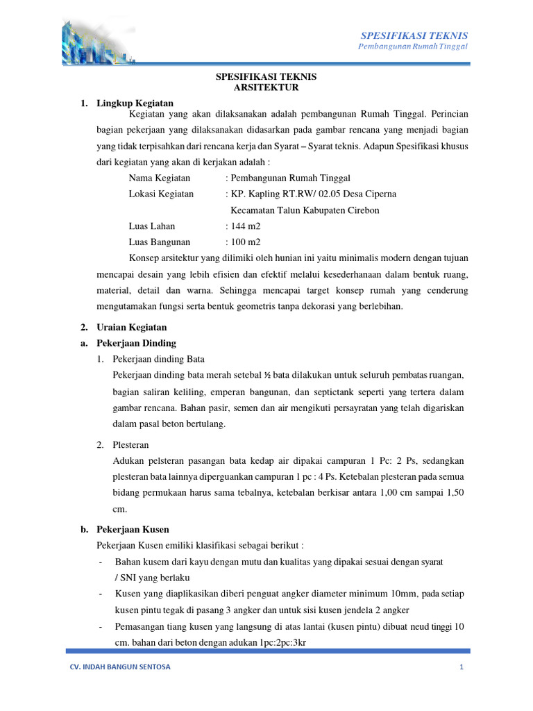 Spesifikasi Teknis Pembangunan Rumah | PDF