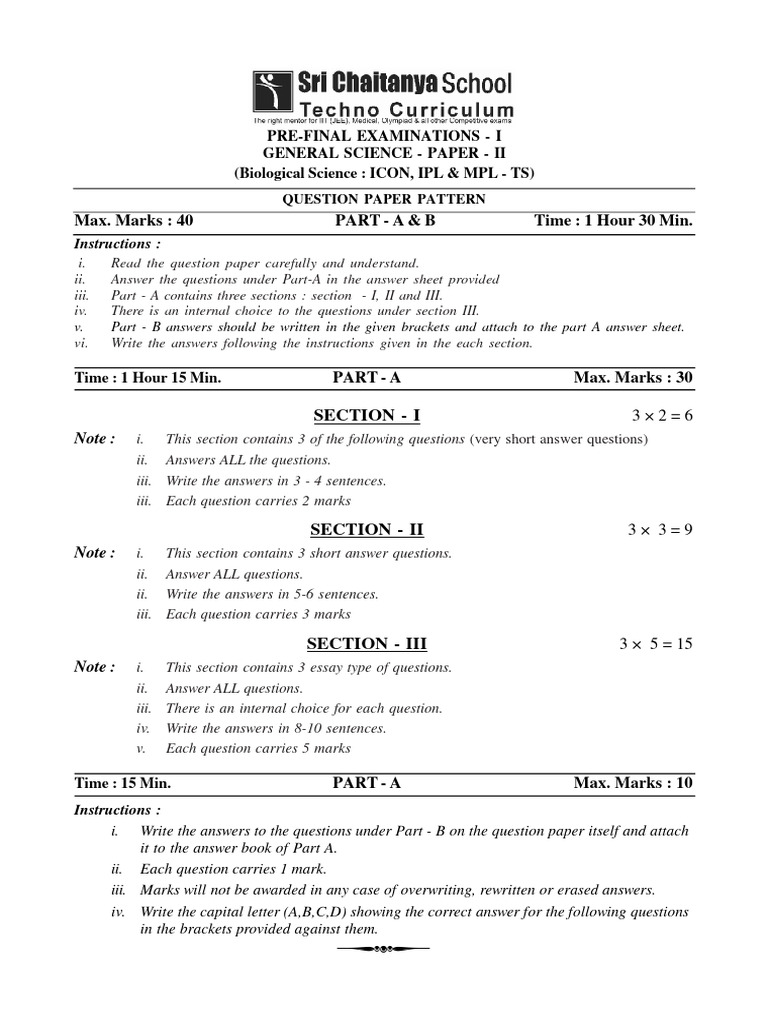 TS - X Class (ICON, IPL & MPL) Biology - Prefinal - I QP Pattern | PDF ...