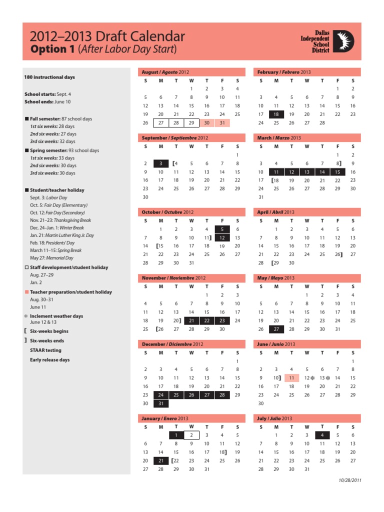 DISD Options For 2012-2013 School Year Calendar | PDF | Academic Term |  Observances