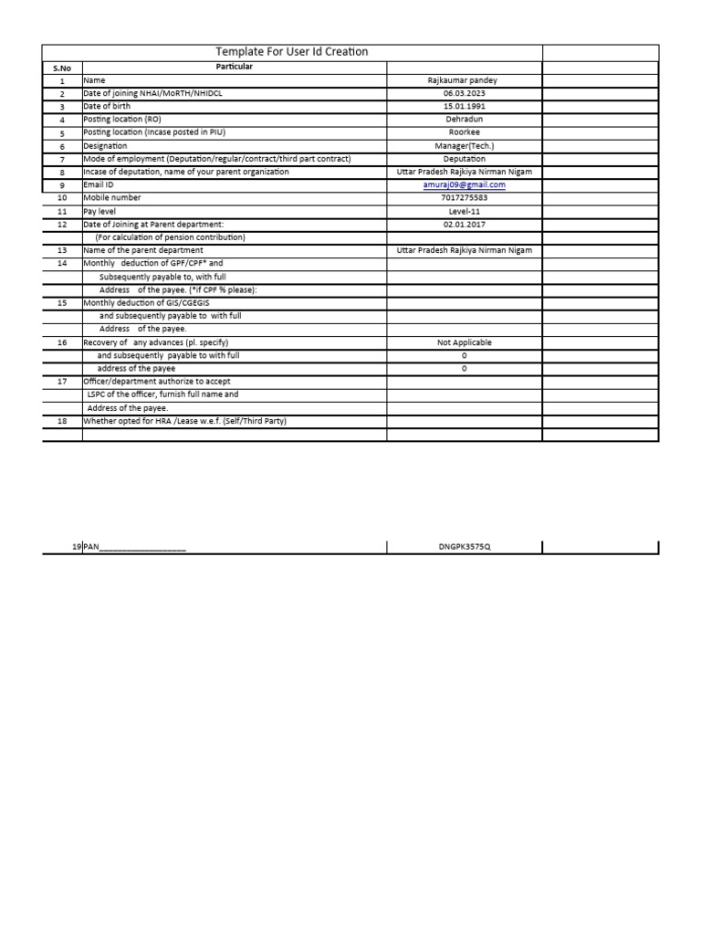 Template For User ID Creation NHAI PDF
