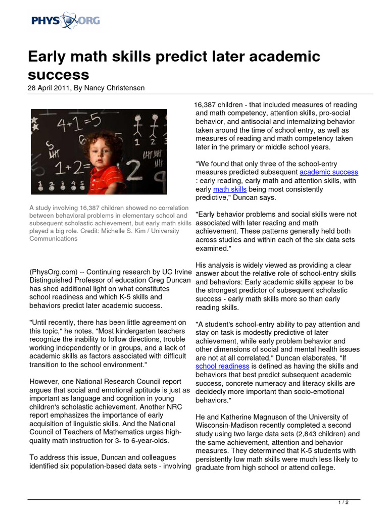 2011 04 Early Math Skills Academic Success | PDF | Wellness