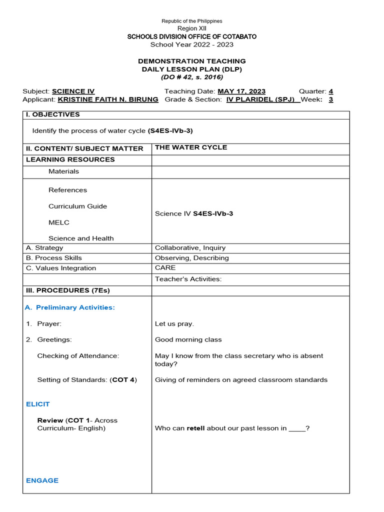 Lesson Plan WATER CYCLE PDF Water Water Cycle