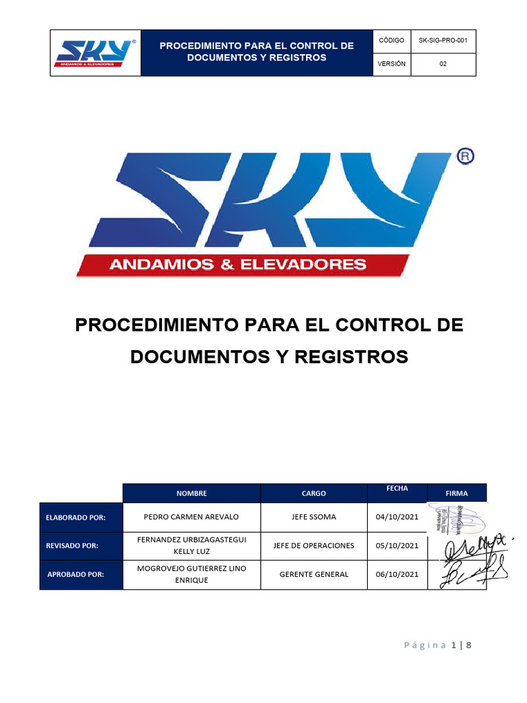 Sk Sig Pro 001 Procedimiento Para El Control De Documentos Y Registros