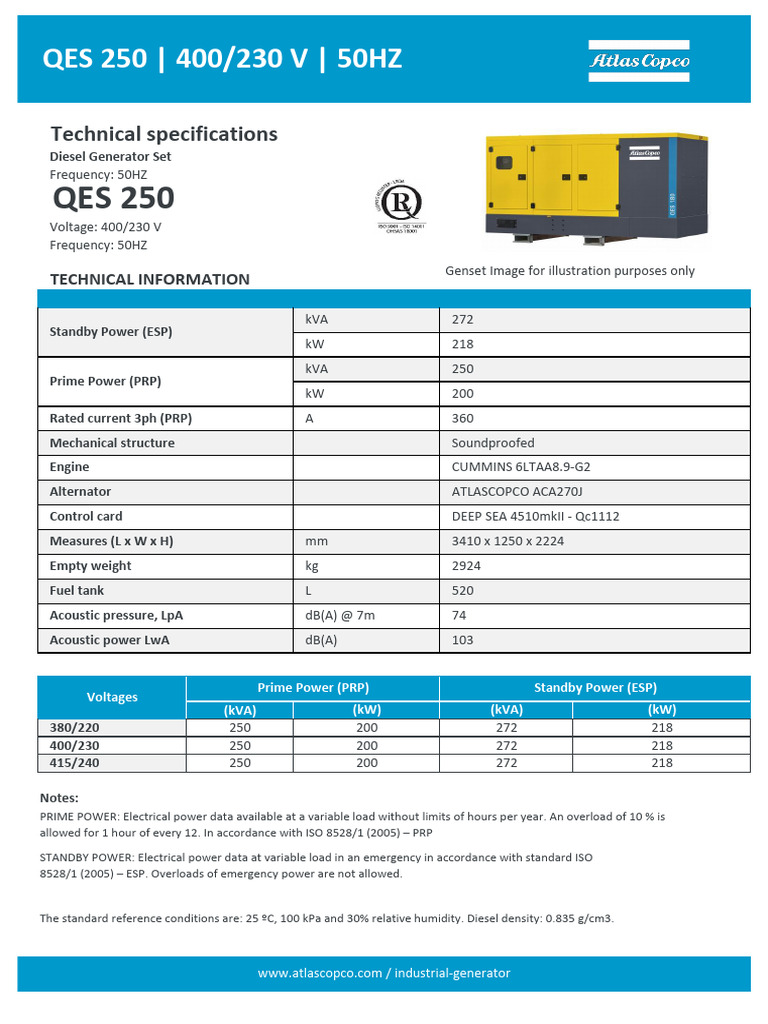 QES 250 Diesel Generator Overview | PDF