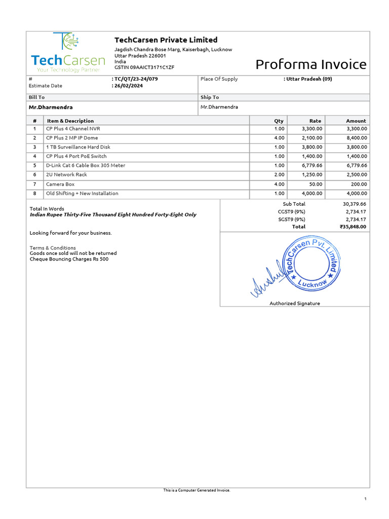 Computer Generated Invoice for TechCarsen | PDF | Computer Science ...