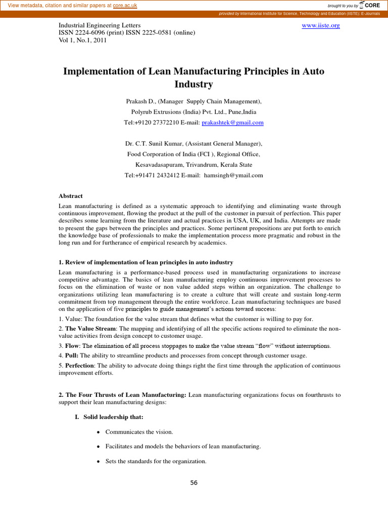 2011 Implementation Of Lean Manufacturing Principles In Auto Pdf