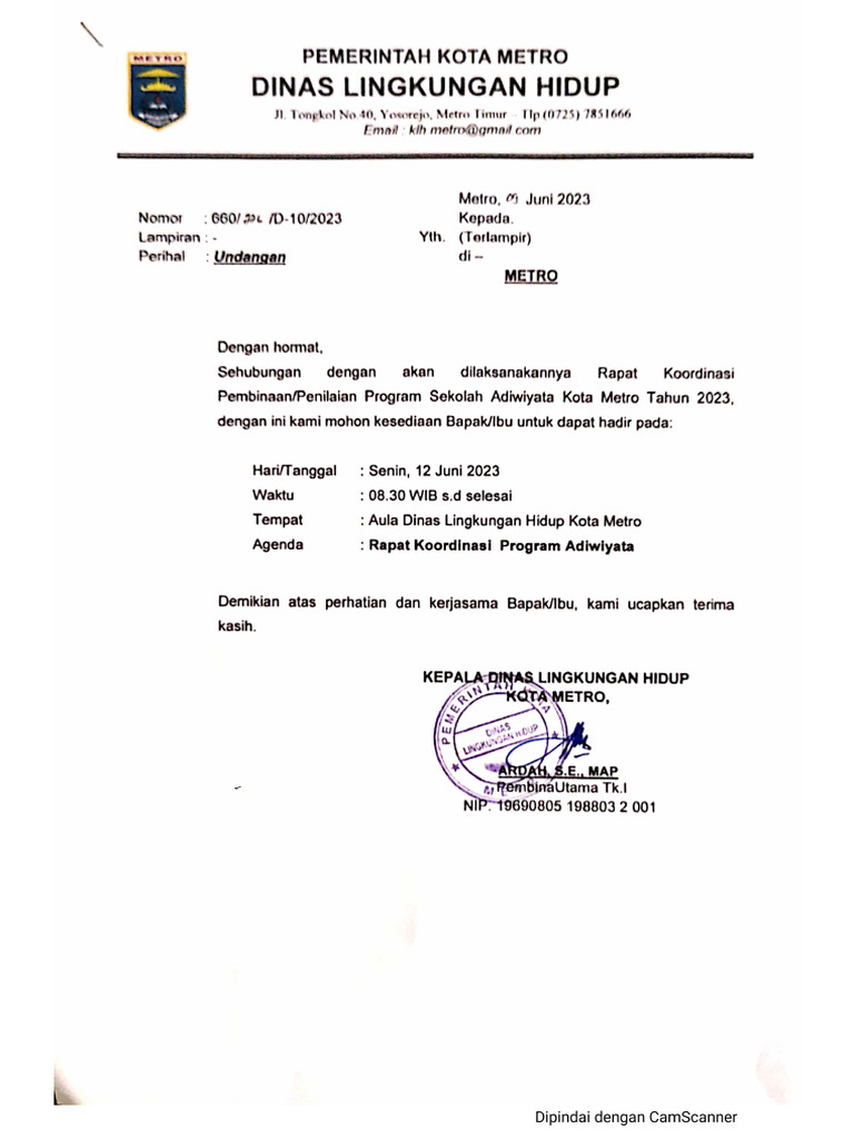 Undangan Rapat Koordinasi Program Adiwiyata | PDF