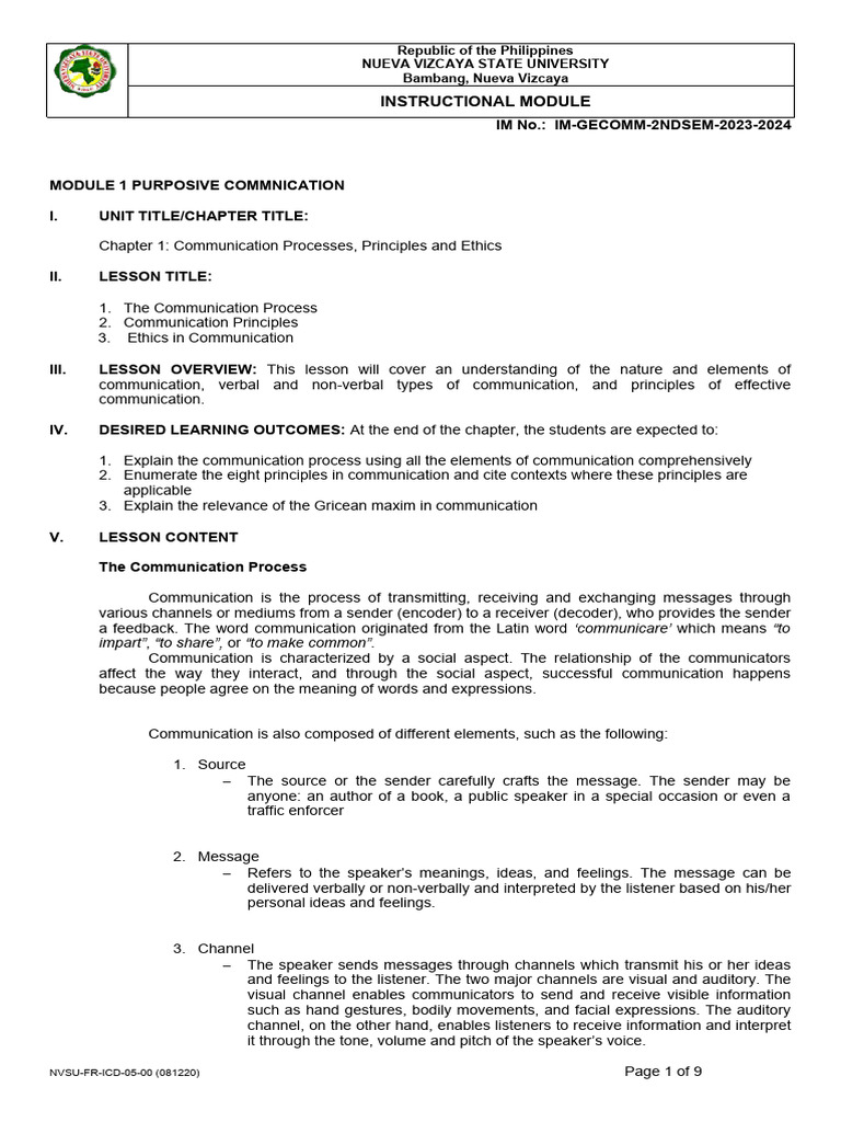 Communication Processes and Ethics Module | PDF | Communication ...