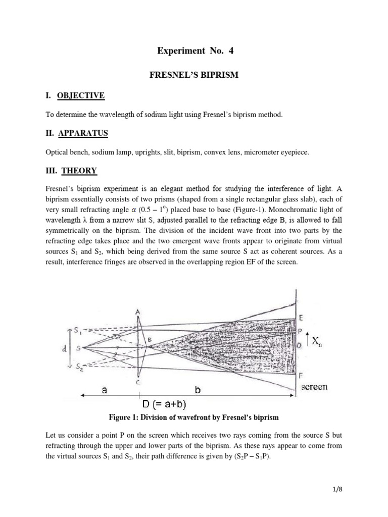 Fresnel Biprism Lab Report Download Free Pdf Optics Refraction