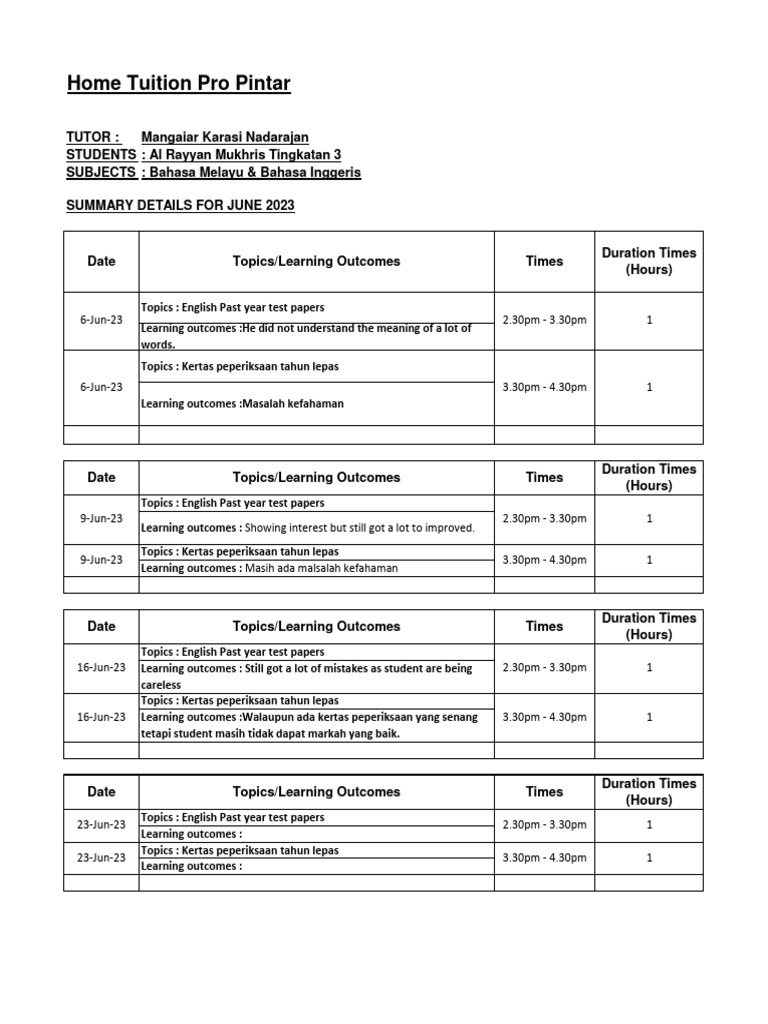 Home Tuition Progress Report: June 2023 | PDF