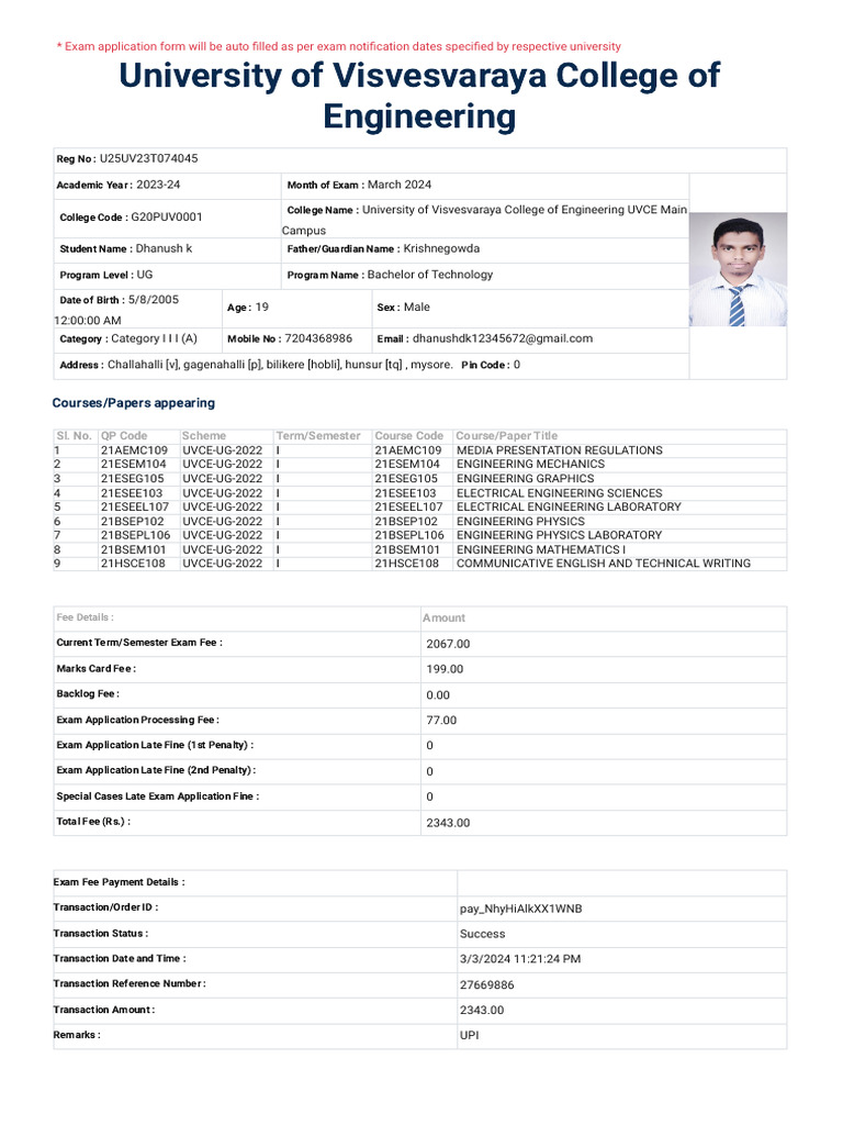 Uucms Karnataka gov In ExamGeneral PrintExamApplication PDF