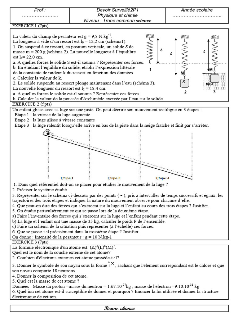 Devoir Surveillé Physique Tronc Commun | PDF | Atomes | Noyau atomique