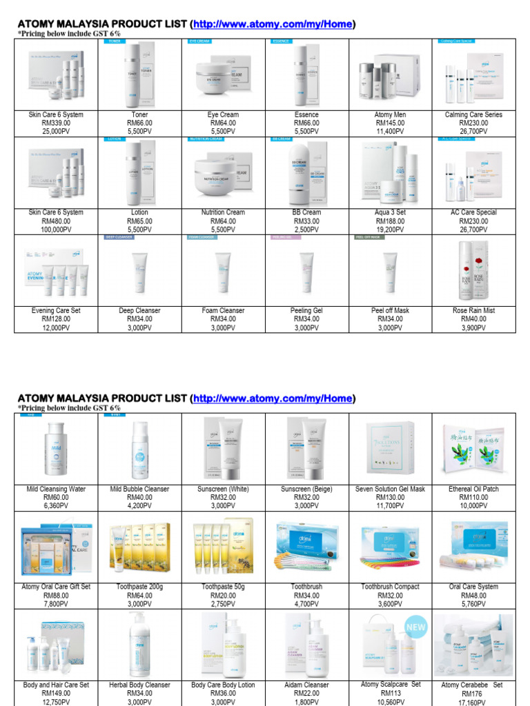 Atomy Malaysia Product List | PDF | Skin Care | Toiletry