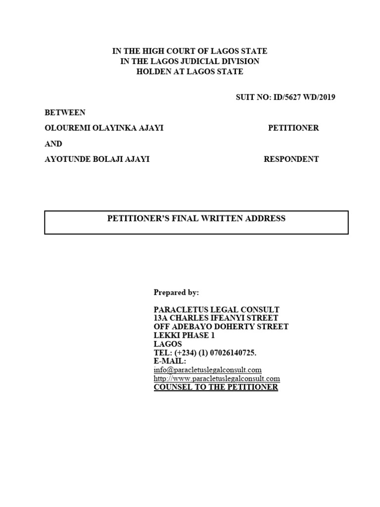 Lagos Divorce Petition Final Address | PDF | Judgment (Law) | Lawsuit