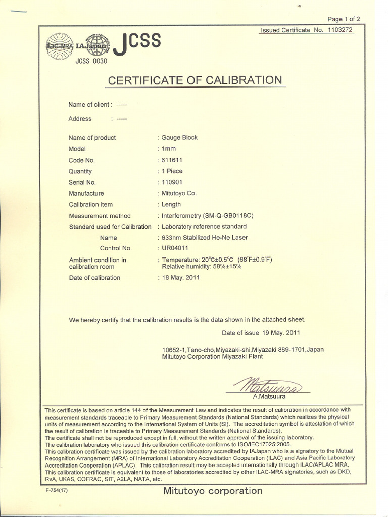 CERTIFICATE OF CALIBRATION Mitutoyo PDF