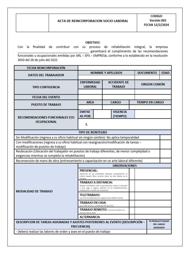 Acta de Reincorporación Laboral 2024 | PDF | Finanzas y dinero ...