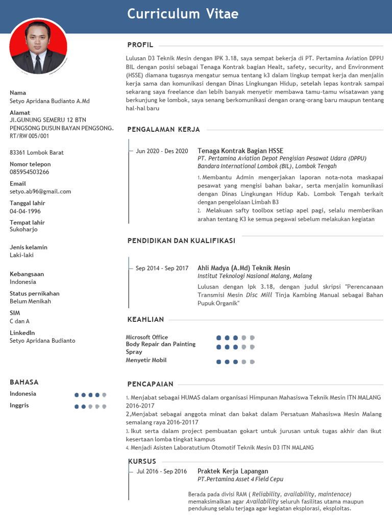 CV Setyo Apridana: Teknik Mesin & HSSE | PDF