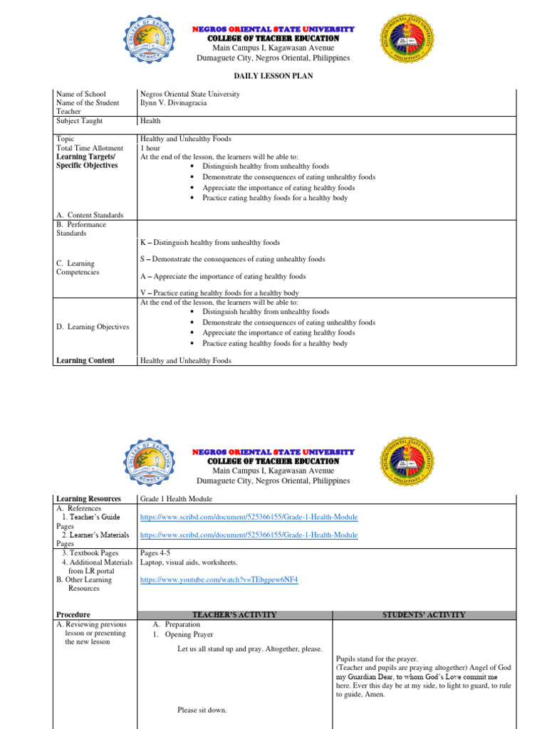 Healthy vs Unhealthy Foods Lesson Plan | PDF | Lesson Plan | Teachers