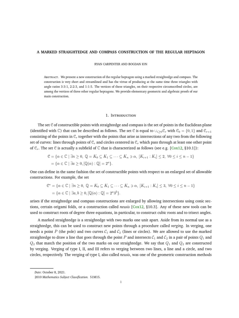 A Marked Straightedge and Compass Construction of The Regular Heptagon PDF Triangle Circle