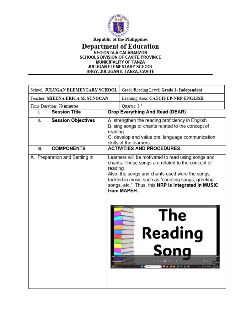 Grade 1 English Reading Lesson Plan | PDF | Learning | Cognition