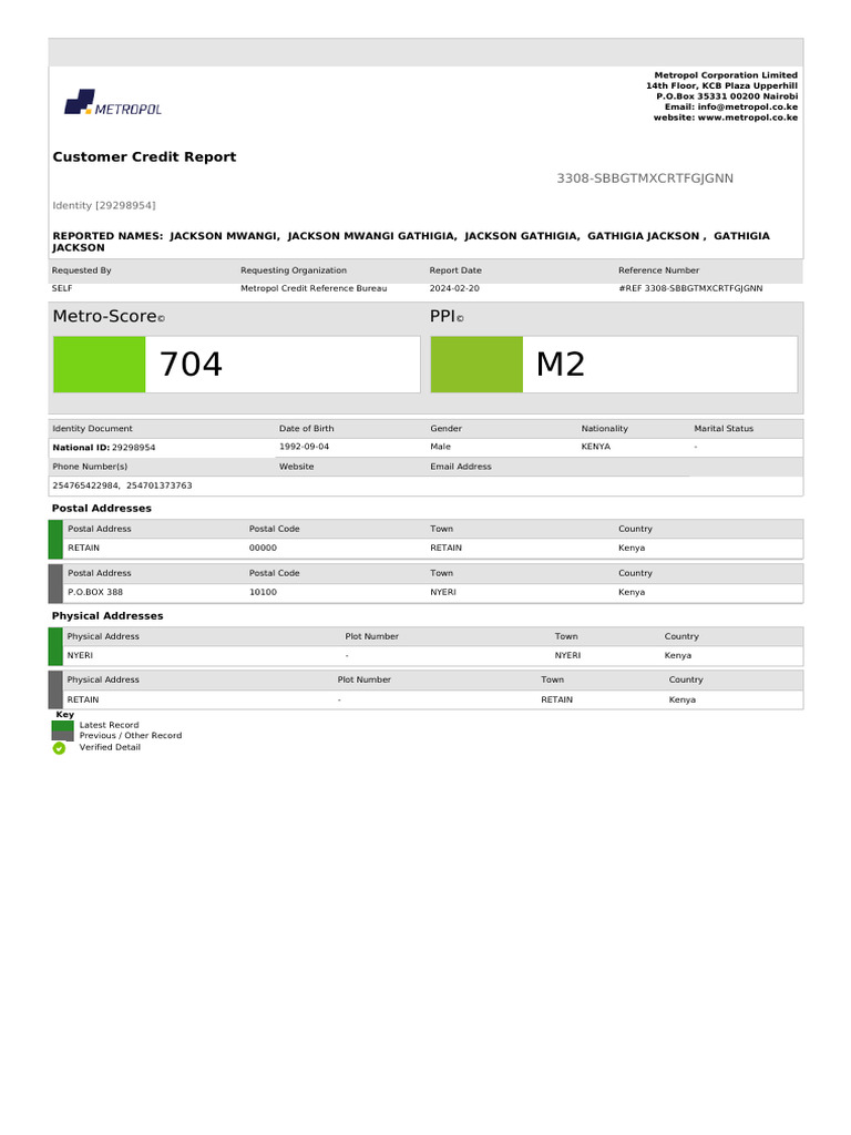 Metropol CRB Customer Credit Report | PDF