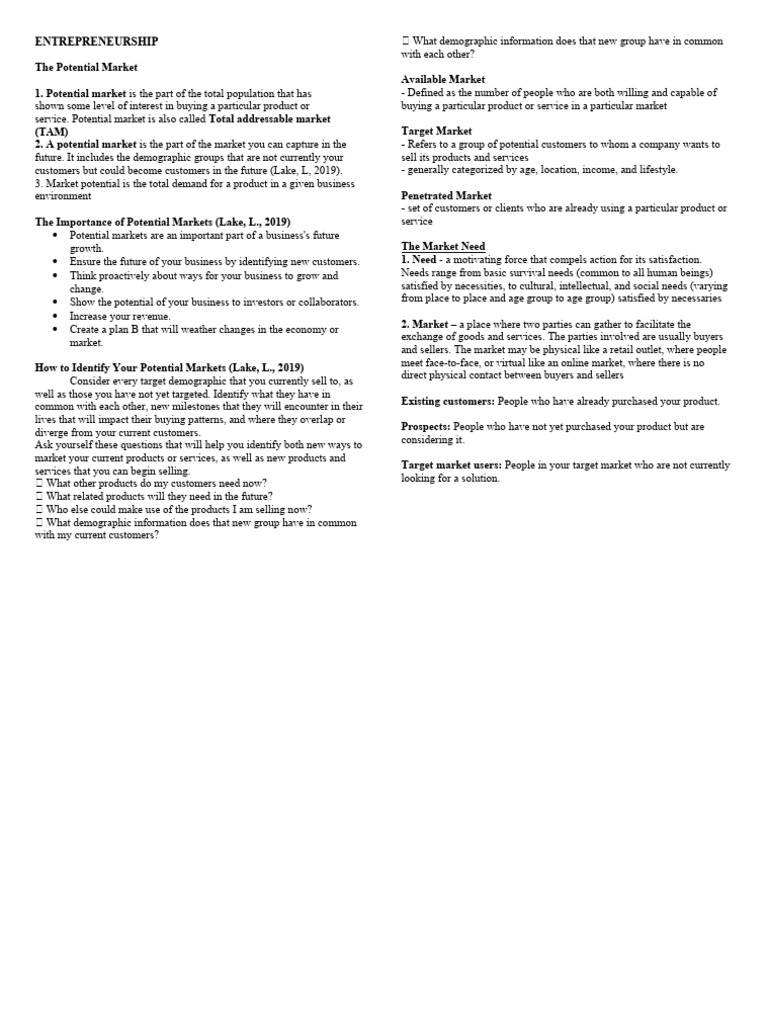 Entrepreneurship Potential Market Pdf Sales Customer