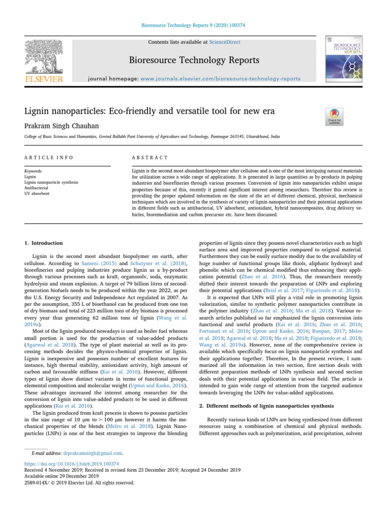 Lignin Nanoparticles: Synthesis and Uses | PDF | Nanoparticle | Lignin