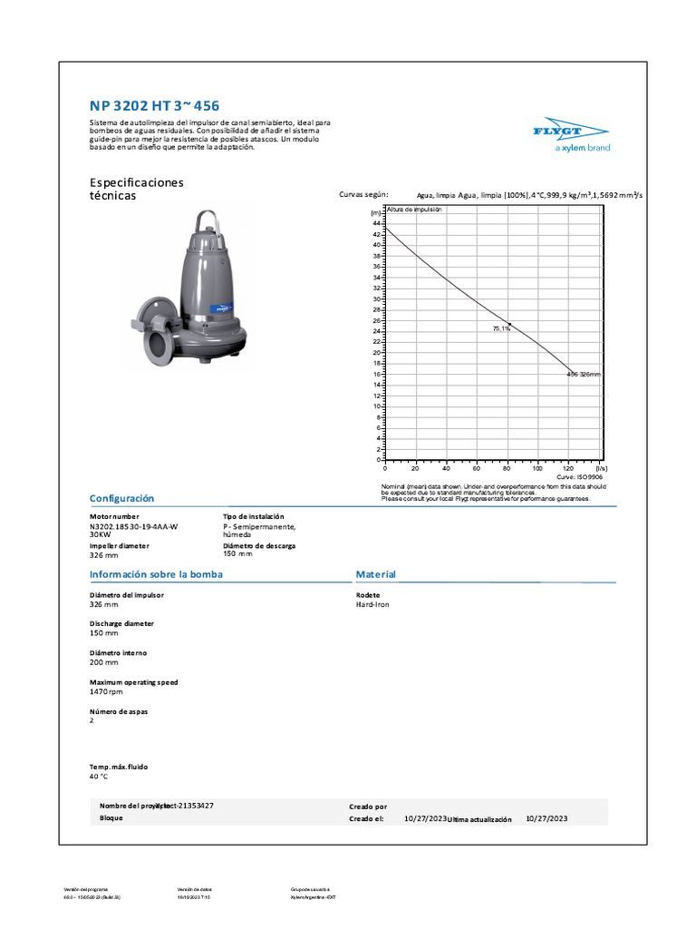 Especificaciones Bomba Flygt NP 3202 | PDF | Cantidad | Ingeniería Química